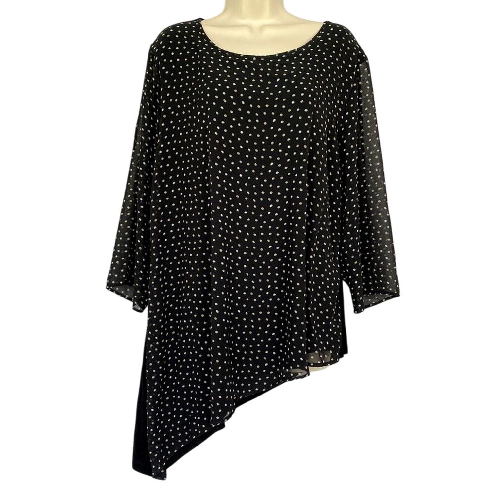 Chicos Travelers Top 3 Polka Dot Sheer Sleeve Asymmetric Hi Lo Flowy Black XL 1X